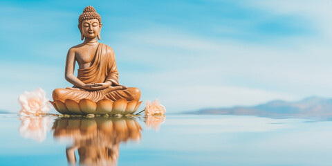 Wall Mural - buddha statue meditate on harmony background with light bokeh. banner vesak day