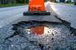 Nature's obstacles interrupt the smooth flow of the road, as a traffic cone stands guard over the gaping pothole, its tar-stained edges reflecting the shimmer of water in the sunlight