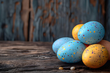 Wall Mural - Easter mockup with colorful eggs on wooden background. Easter holiday concept with traditional springtime decoration and copy space.