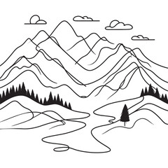 Wall Mural - Mountain landscape with spruce. Continuous single line drawing. Trips. Minimalistic graphics. Vector illustration