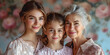 Portrait of a grandmother and two granddaughters, happy family hugging with love, tenderness at home, bonding, smiling. Mother's or international women's day concept.