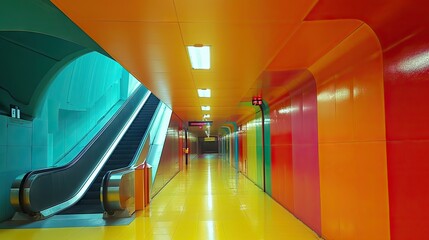 Poster - Futuristic corridor with escalators in orange and red tones