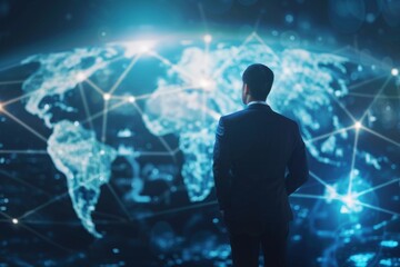 Poster - businessman looking at global network map generative ai