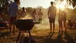 © lililia - a sleek Webber grill sizzles with the aroma of pizza being expertly cooked in a picturesque park setting, evoking the ambiance of outdoor culinary delight and camaraderie.