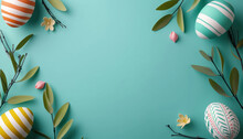 Easter Egg Decorations With Spring Foliage On Teal Background With Copy Space For Text  