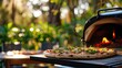 a sleek Webber grill sizzles with the aroma of pizza being expertly cooked in a picturesque park setting, evoking the ambiance of outdoor culinary delight and camaraderie.