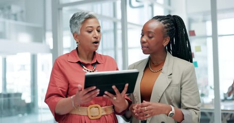Poster - Business woman, tablet and team in discussion for planning, strategy or ideas in collaboration at office. Female person or employees talking or explaining technology for project plan at workplace