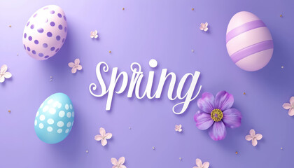 Wall Mural - purple pastel spring background with decorated easter eggs and blossoms