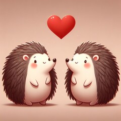 Wall Mural - Two cute round hedgehogs on Valentine's Day, red heart