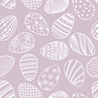 Hand drawn seamless pattern with many white lined easter eggs with different dots, waves, lines.Easter party ornament background on pink