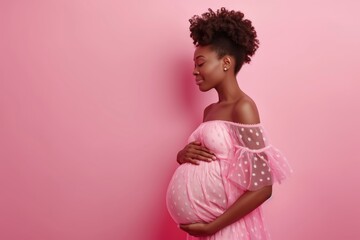Black woman in pink dress holds hands on belly on pink background