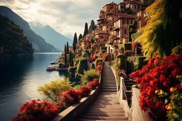 Beautiful view of an old town with buildings on a hillside, overlooking the scenic mediterranean sea