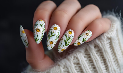 Wall Mural - elegant white daisy nail art on long nails with dark background