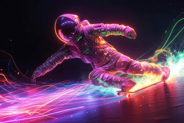 Wall Mural - Astronaut Surfing Neon Energy in Space.
An astronaut riding cosmic energy waves with a dynamic neon trail in outer space.