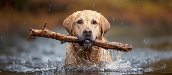 Wall Mural - Happy Labrador retriever brings wet stick from pond.