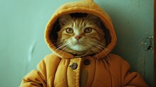 Cute Ginger Cat In Yellow Raincoat And Hood At Home