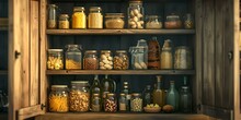 Rustic Kitchen Pantry Shelves Stocked With Various Preserved Foods In Jars. Home Canning Essentials. Vintage Preservation Scene. Homesteading Lifestyle. Perfect For Culinary Backgrounds. AI