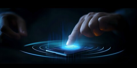 Aufkleber - Futuristic touch interface concept. human finger interacting with digital light. modern technology background. ideal for innovation and sci-fi visuals. AI