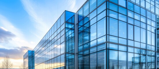 Poster - The outside of a contemporary office structure featuring numerous glass panes.