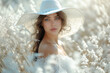 jeune femme dans un champ, avec une robe en dentelle blanche et un chapeau large, couleurs chaudes et douces, photo de mode