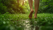 © masanyanka - Nature's Embrace: Young Woman Finding Relaxation Barefoot on the Grass. Generative AI
