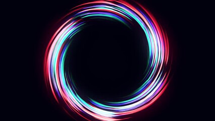 Radial abstract neon background. Laser neon lines move in a circle along a circle dark geometry. Conceptual technology background. Blue violet light spectrum. 4K.