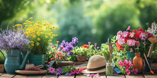 Gardening Tools And Assorted Flowers On Wooden Table In Summer Garden