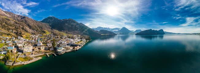 Poster - Aerial view of the Vitznau village by lake Lucerne in Central Switzerland