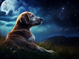 Poster - A dog sitting in the grass looking out over the night sky stars