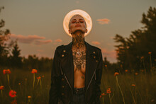 Tattooed Woman With Moon Halo In Twilight Meadow Generative AI Image