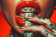 © ADDICTIVE STOCK - Woman With Gold Braces Holding a Dollar Bill. Generative AI.