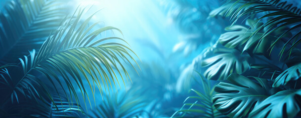 palm leaves and bright natural light on a blue background