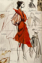 Elegant Sketch Of Woman's Red Dress With Design Notes Generative AI Image