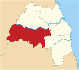  Red flat blank highlighted location map of the METROPOLITAN BOROUGH OF GATESHEAD inside beige administrative local authority districts map of Tyne and Wear, England