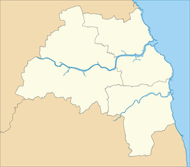  Beige flat vector metropolitan administrative map of TYNE AND WEAR, ENGLAND with black border lines and waterways of its local authority districts
