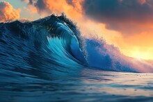 Huge Blue Wave In The Ocean On Sunlights Background