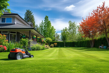 Back house yard with nice landscaping and lawn mower on green grass