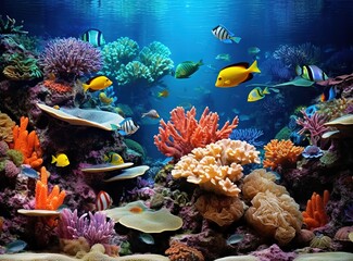 Poster - Colorful beautiful corals and small exotic fish, underwater coral reef panoramic background, marine life ecosystem wallpaper illustration Generative AI