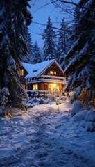 Poster - A charming wooden cabin in a snow-covered forest, adorned with festive Christmas lights on a serene winter night. Generative AI.