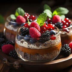 Wall Mural - A delicious dessert with fresh berries and chocolate on a rustic wooden table. Generative AI.