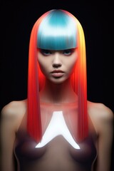 Poster - A stunning woman with vibrant hair and neon makeup exudes elegance and sensuality. Generative AI.