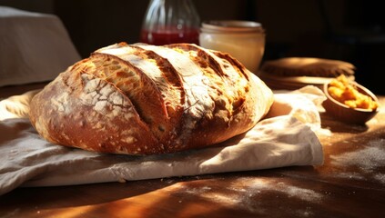 Wall Mural - A loaf of bread sitting on a cloth on a table. Generative AI.