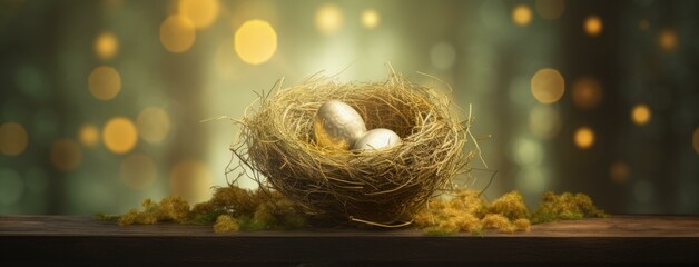 Sticker - Golden eggs in nest on wooden table with bokeh effect. Generative AI.