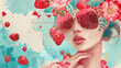  a digital painting of a woman with strawberries on her head and a heart shaped sunglasses on her face with a blue background.