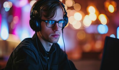 Canvas Print - A man wearing headphones and glasses is sitting at a computer. Generative AI.