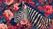  A Painting Of A Zebra Surrounded By Pink Roses And Blue And Red Flowers On A Red And Pink Floral Background.