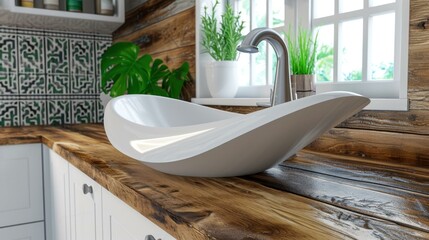 Wall Mural - A white sink sitting on top of a wooden counter. Generative AI.