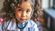 A little girl with curly hair wearing a doctor's coat. Generative AI.