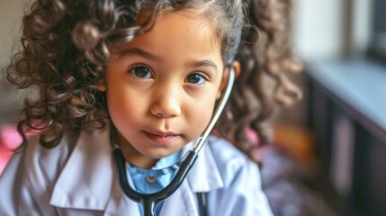 Sticker - A little girl with curly hair wearing a doctor's coat. Generative AI.