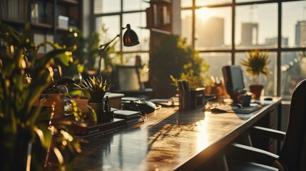 Sticker - An office with a desk and plants in front of a window. Generative AI.